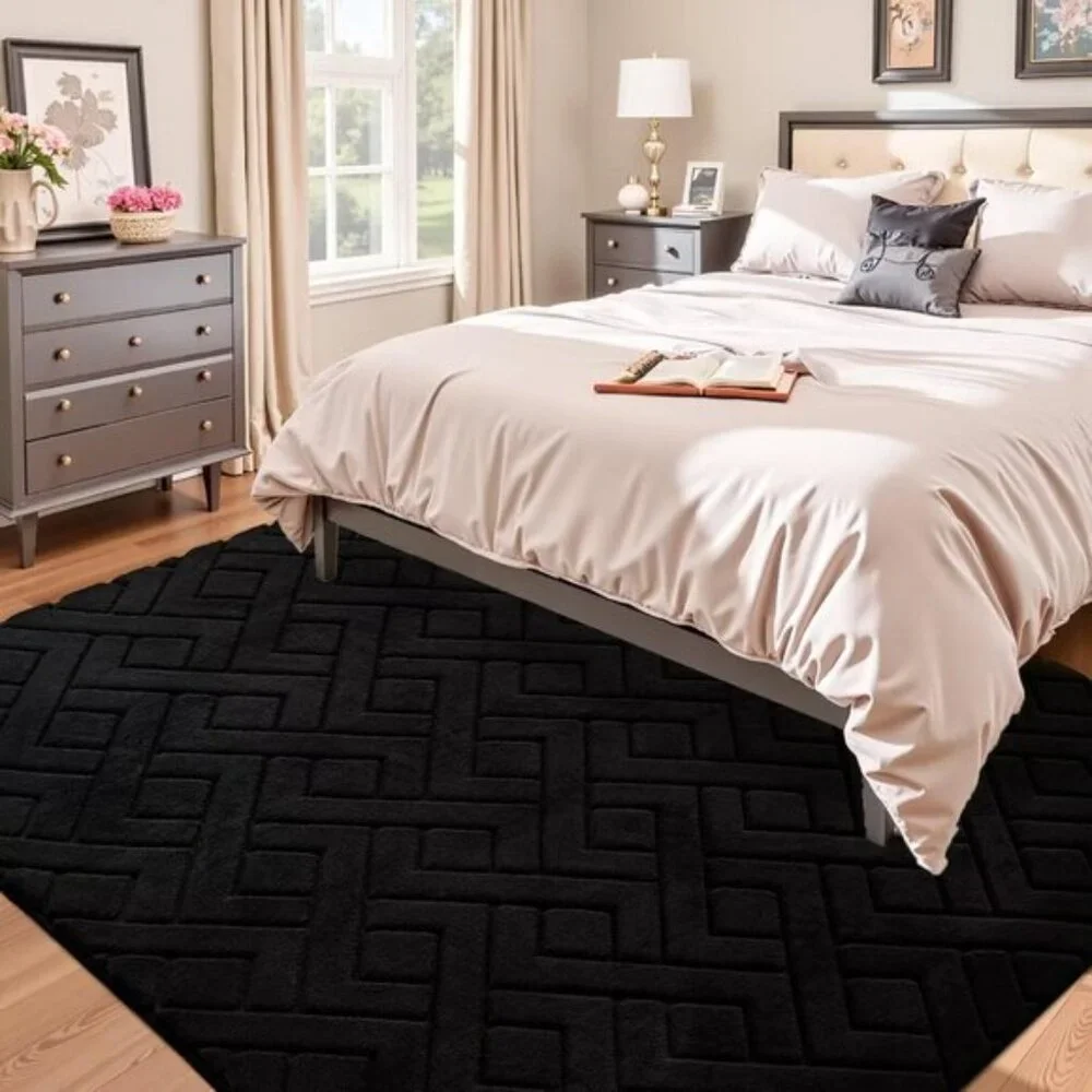 New 5x7 Black Washable Area Rug Geometric Shag with Non-Slip Backing
